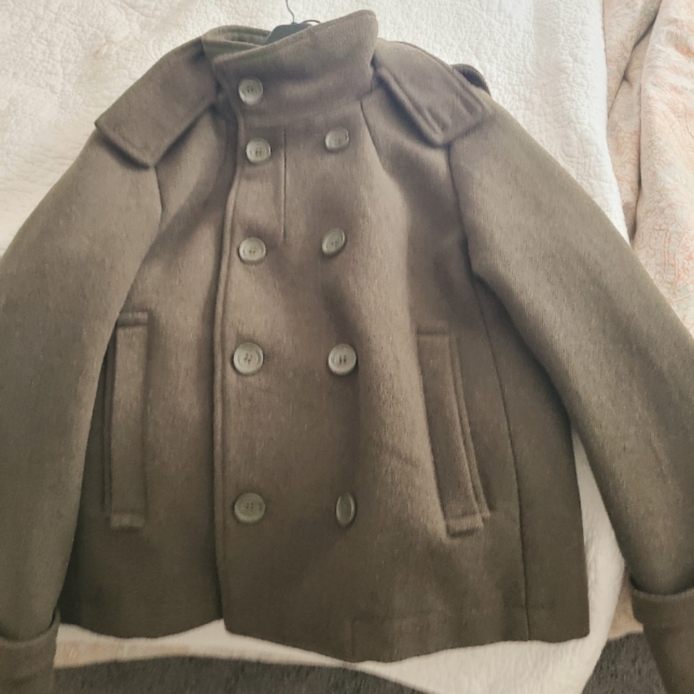 PROJEKRAW wool peacoat with hoodie in army green. Dry cleaned 10/21/24.